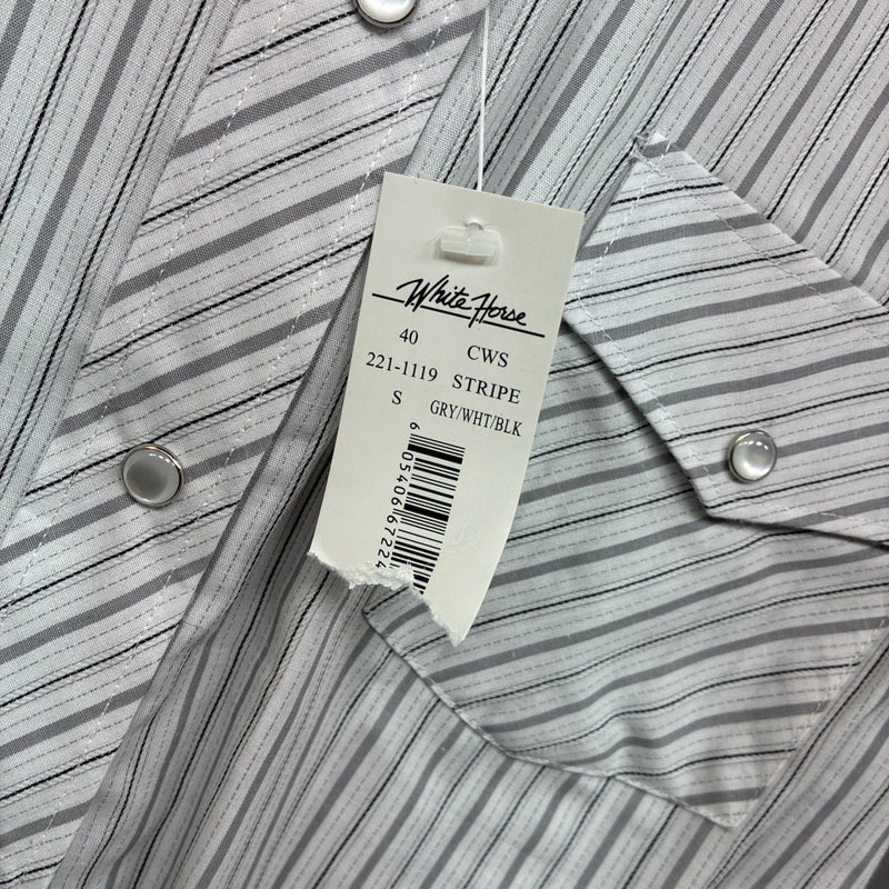 New Women’s White Horse Gray Stripe Long Sleeve Pearl Snap Small DD-117