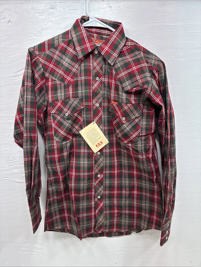 New Men’s ELY Plains Red Plaid Long Sleeve Pearl Snap 14.5 X 33 Small AA-94