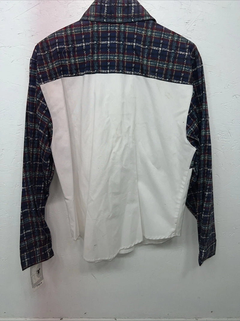 New Women’s Cowboy Threads White Navy Plaid Long Sleeve Button Up Shirt M 3B-75