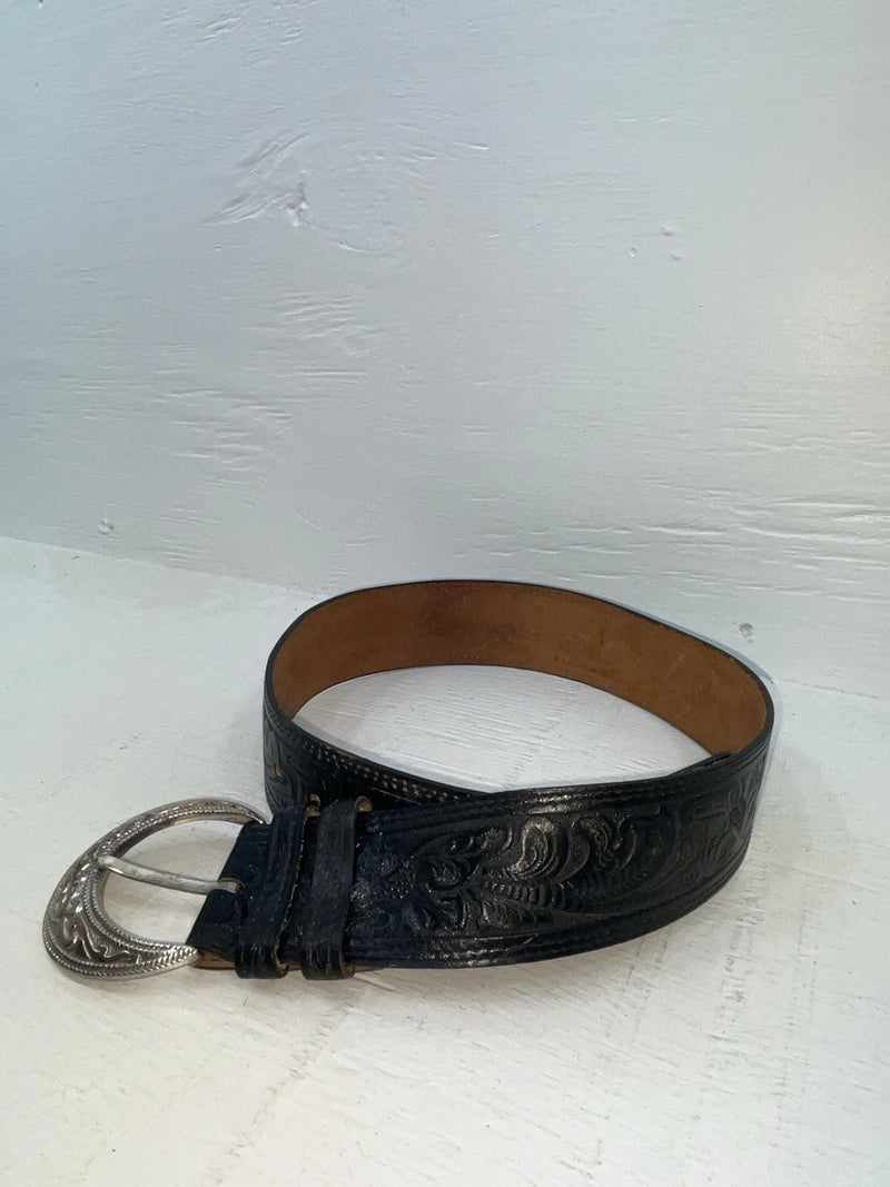 New Black Genuine Leather Tooled 28” Belt #WF809 NN-47