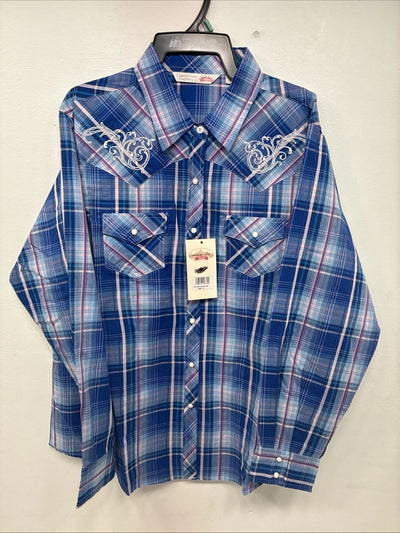 New Women’s Cumberland Blue Plaid Long Sleeve Pearl Snap XL GG-59
