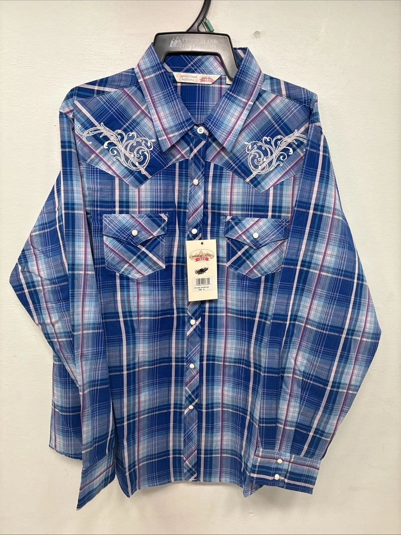 New Women’s Cumberland Blue Plaid Long Sleeve Pearl Snap XL GG-59
