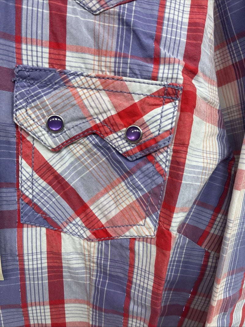 New Women’s Cumberland Pink Purple Plaid Long Sleeve Pearl Snap XL GG-60