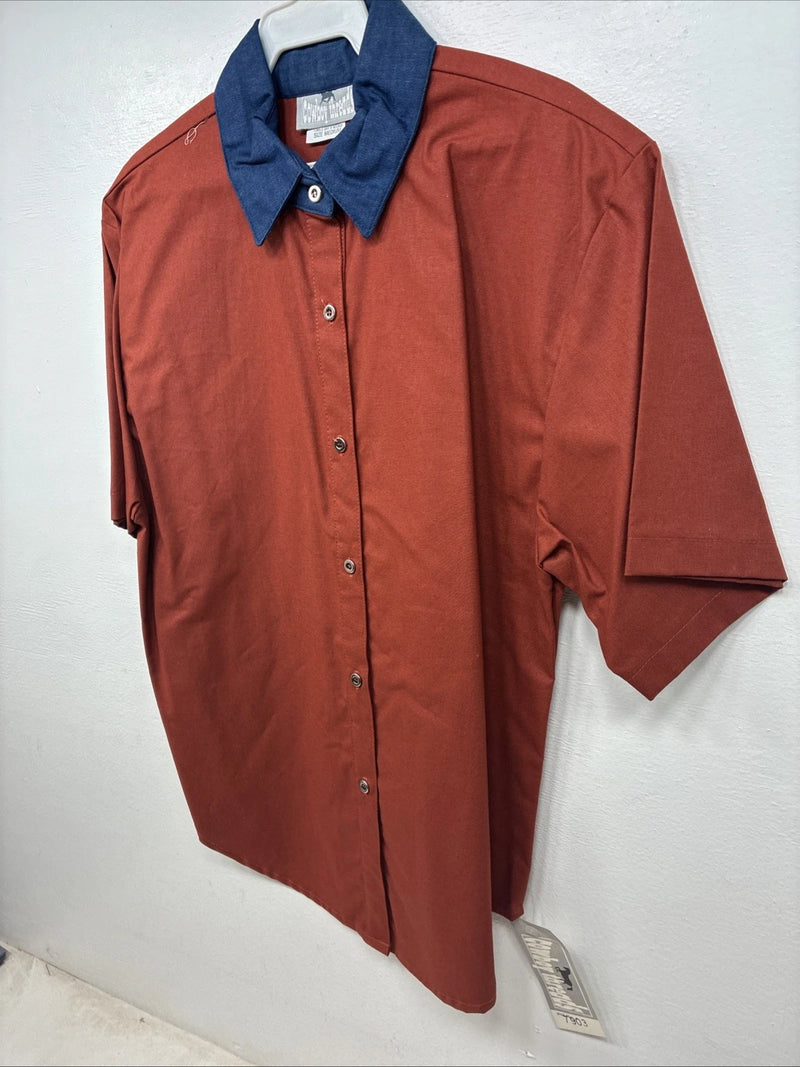 New Women’s Cowboy Threads Orange Blue Short Sleeve Button Up Medium YY-86