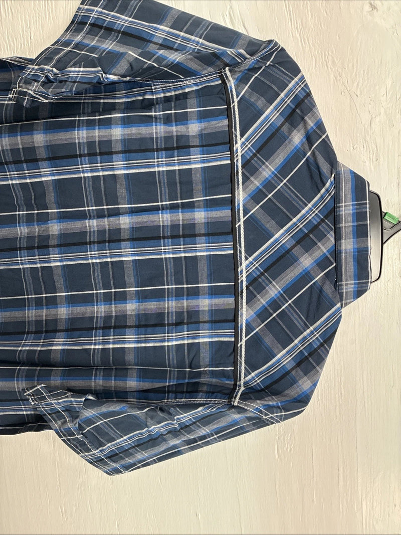 New Men’s ELY 1878 Blue Gray Plaid Short Sleeve Pearl Snap XL O-71