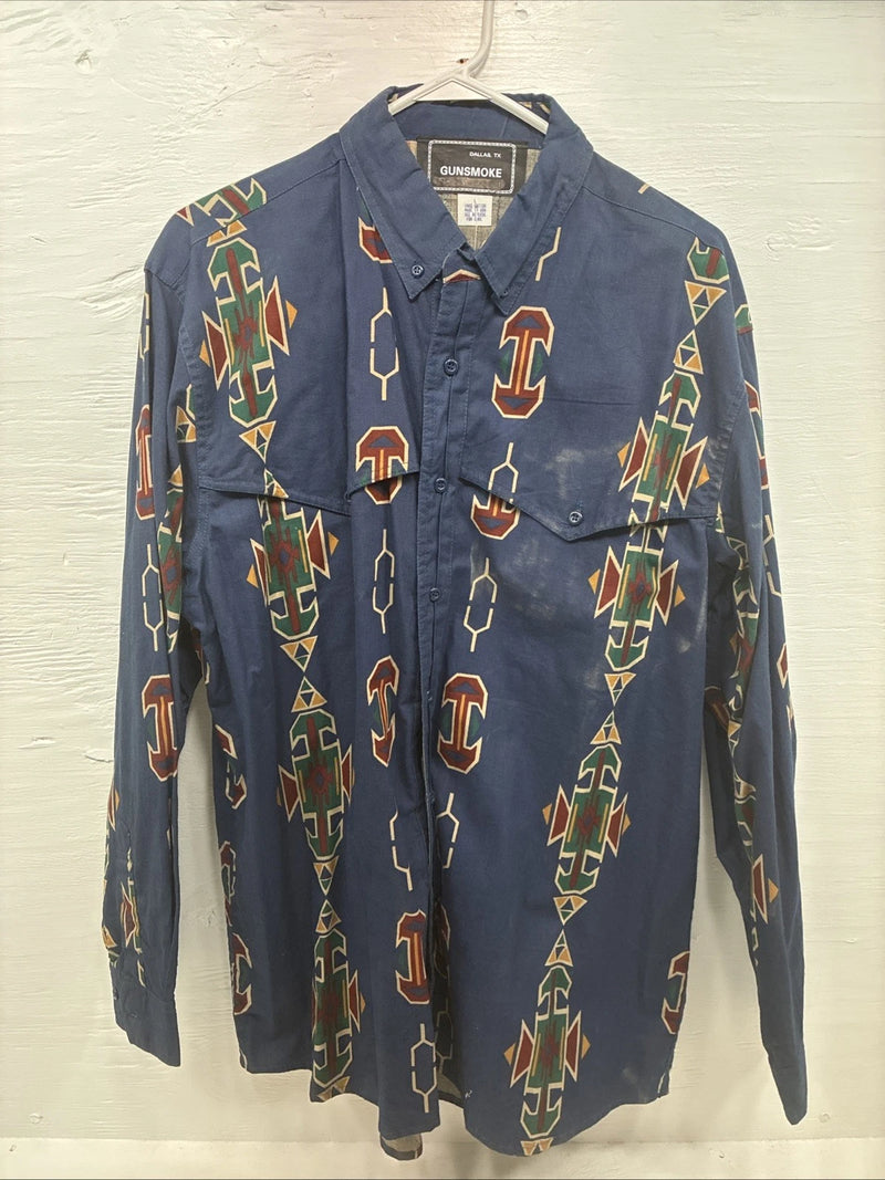 New Men’s GunSmoke Blue Western Design Long Sleeve Button Up Large AA-42