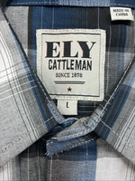 New Men’s ELY Cattleman Blue Grey Plaid Long Sleeve Pearl Snap Large AA-19