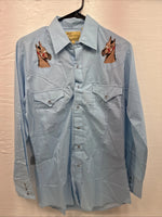 New Men’s ELY Wildlife Blue Horse Design Long Sleeve Pearl Snap Small AA-8