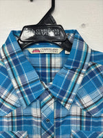 New Women’s Cumberland Blue Plaid Long Sleeve Pearl Snap XL GG-63
