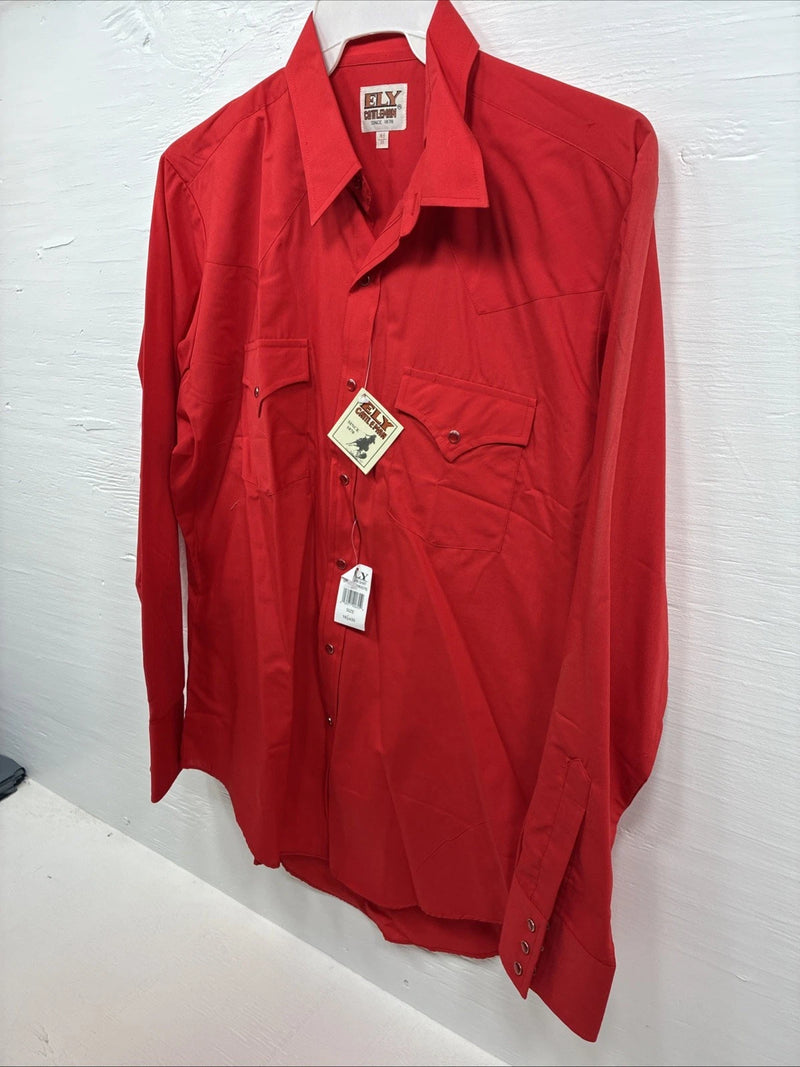 New Men’s ELY Cattleman Red Western Long Sleeve Pearl Snap 16.5 X 35 Large T-63