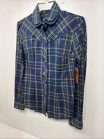New Women’s Dickson Jenkins Blue Plaid Long Sleeve Pearl Snap Size 34 LL-85