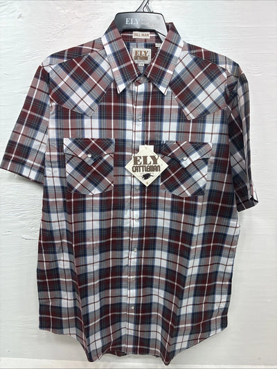 New Men’s ELY Cattleman Red White Plaid Short Sleeve Pearl Snap Large Tall X-66