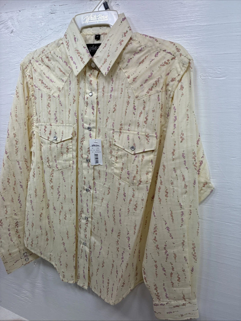 New Kids White Horse Yellow Floral Long Sleeve Pearl Snap Medium CC-110