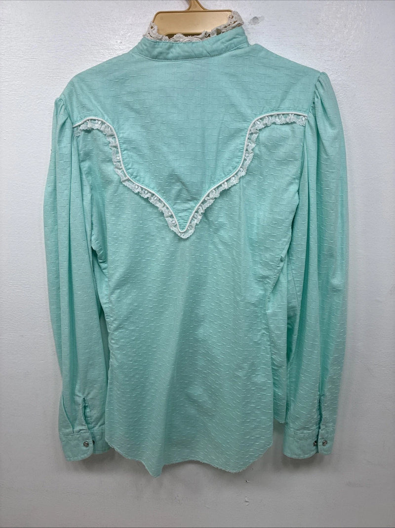 New Women’s Miss Rodeo Blue Design Long Sleeve Pearl Snap Size 10 TT-97