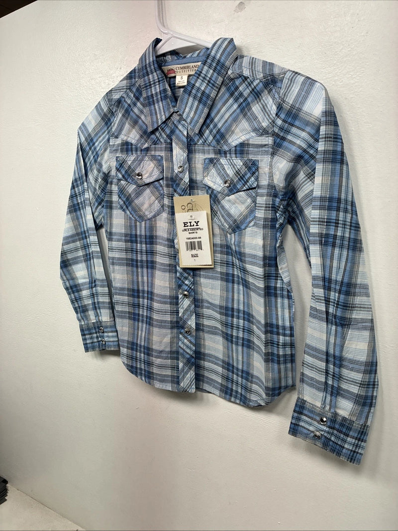 New Girls Cumberland Blue Plaid Long Sleeve Pearl Snap Size 1 YY-1