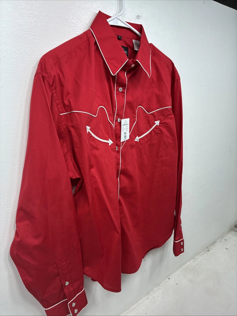 New Women’s White Horse Red Design Long Sleeve Pearl Snap Size Large YY-17