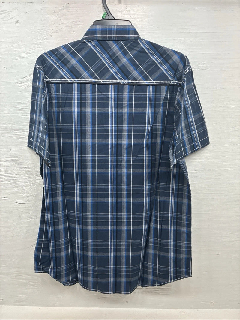 New Men’s ELY 1878 Blue Plaid Short Sleeve Pearl Snap XL R-48