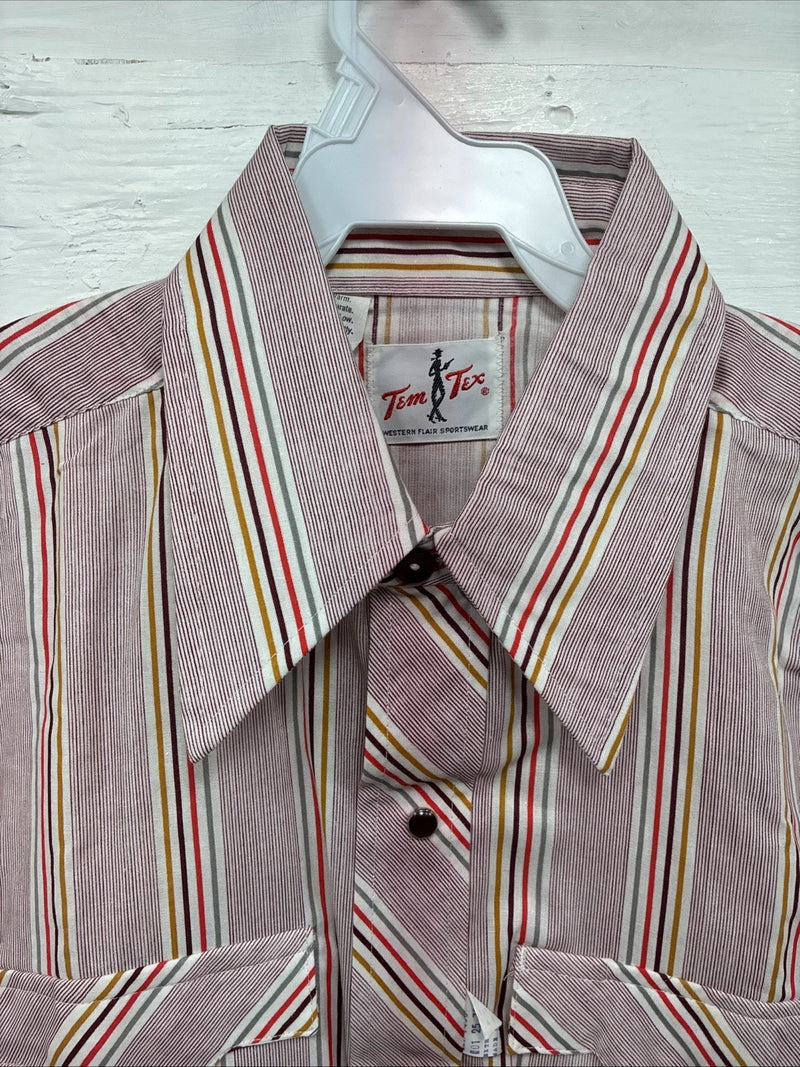 New Men’s Tem Tex Pink Multicolor Stripe Long Sleeve Pearl Snap 15.5 Medium O-26