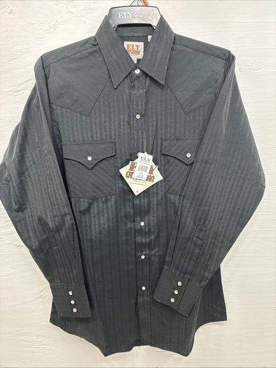 New Men’s ELY Cattleman black Stripe Long Sleeve Pearl Snap Medium J-94