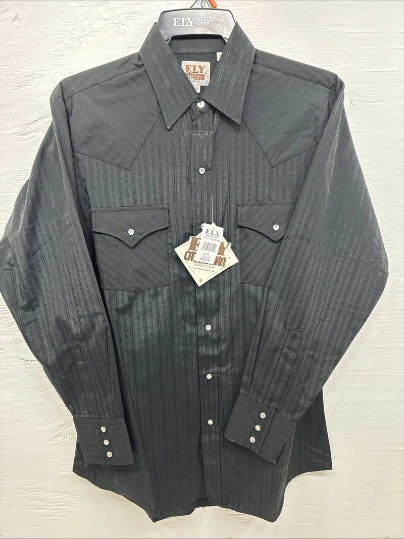 New Men’s ELY Cattleman black Stripe Long Sleeve Pearl Snap Medium J-94