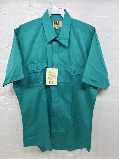 New Men’s ELY Cattleman Teal Short Sleeve Pearl Snap 15.5 Medium CC-14
