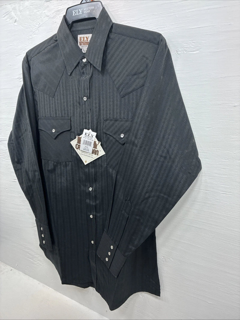 New Men’s ELY Cattleman black Stripe Long Sleeve Pearl Snap Medium J-94