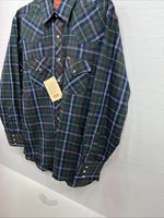 New Men’s ELY Plains Green Blue Plaid Long Sleeve Pearl Snap 16.5 Large Q-85