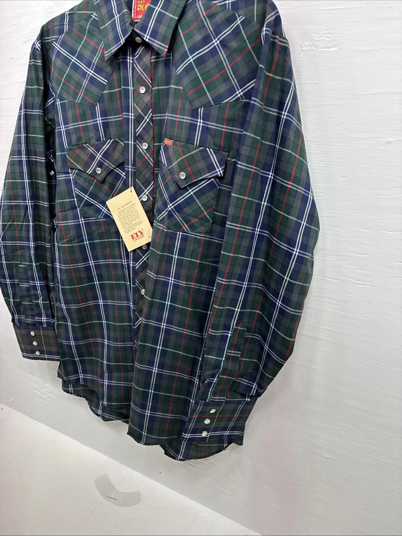 New Men’s ELY Plains Green Blue Plaid Long Sleeve Pearl Snap 16.5 Large Q-85