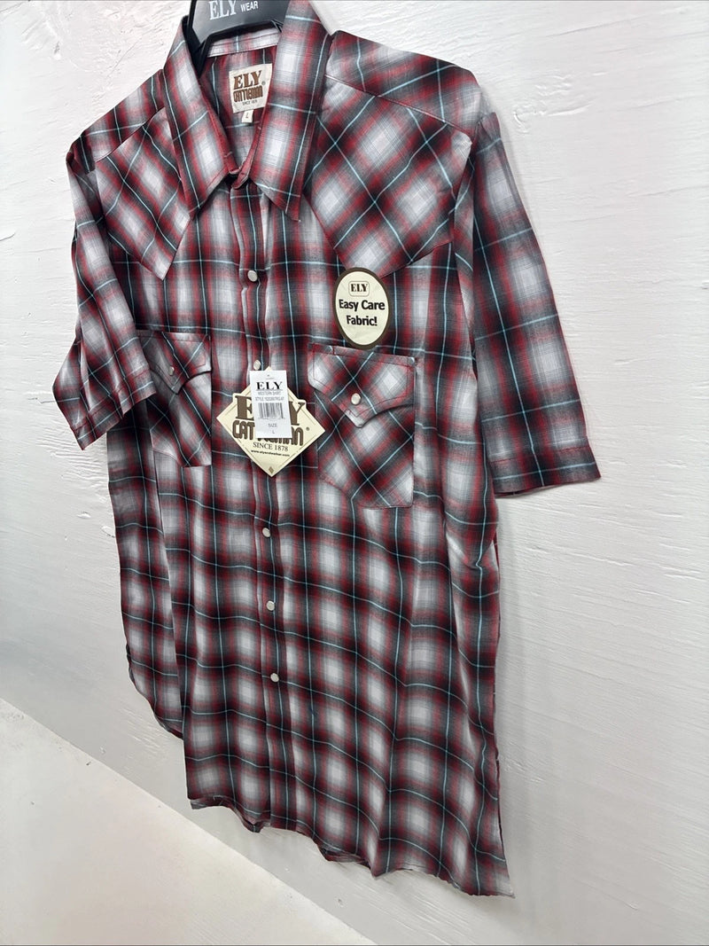 New Men’s ELY Cattleman Red Gray Plaid Short Sleeve Pearl Snap Large X-21