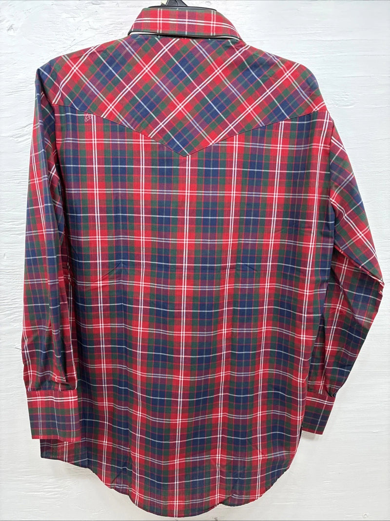 New Men’s ELY Plains Red Blue Plaid Long Sleeve Pearl Snap 16.5 Large Q-74