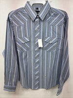 New Women’s White Horse Blue Stripe Long Sleeve Pearl Snap Large YY-124