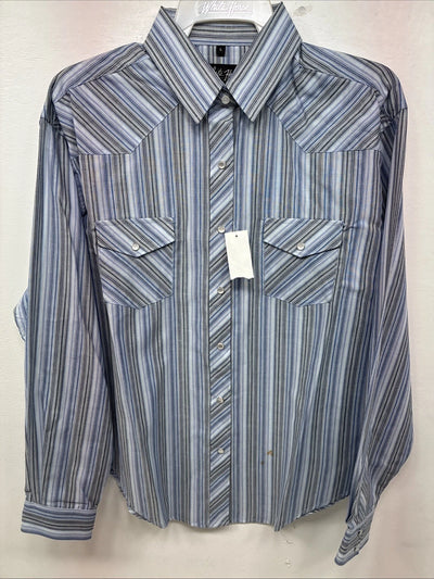 New Women’s White Horse Blue Stripe Long Sleeve Pearl Snap Large YY-124
