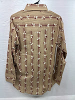 New Men’s ELY Plains Tan Red Floral Long Sleeve Pearl Snap 15.5 Medium X-109