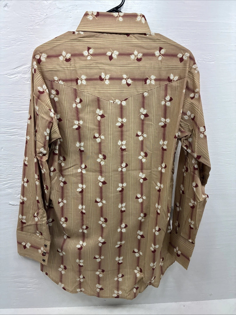 New Men’s ELY Plains Tan Red Floral Long Sleeve Pearl Snap 15.5 Medium X-109