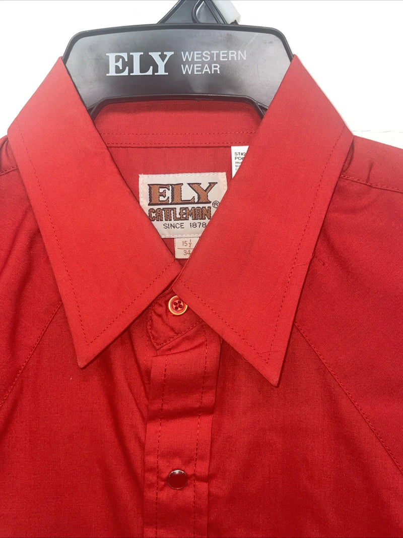 New Men’s ELY cattleman Red Long Sleeve Pearl Snap 15.5 X 34 Medium B-100