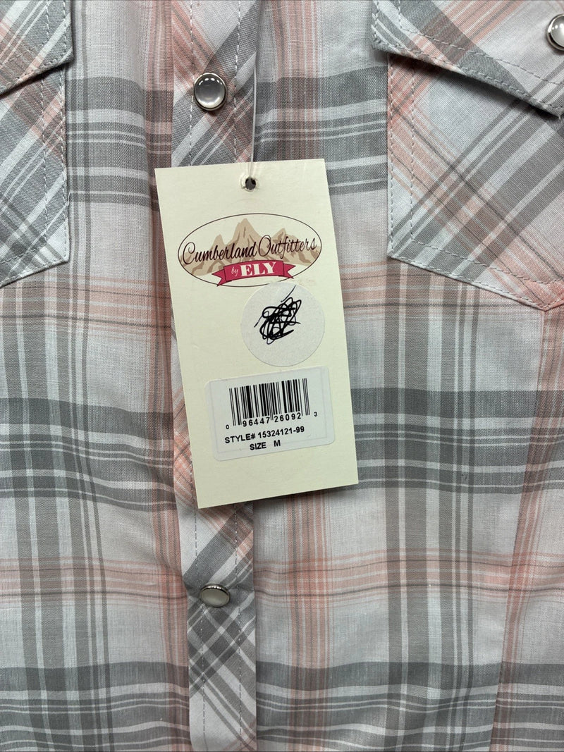 New Women’s Cumberland Gray Pink Plaid Short Sleeve Pearl Snap Medium LL-106