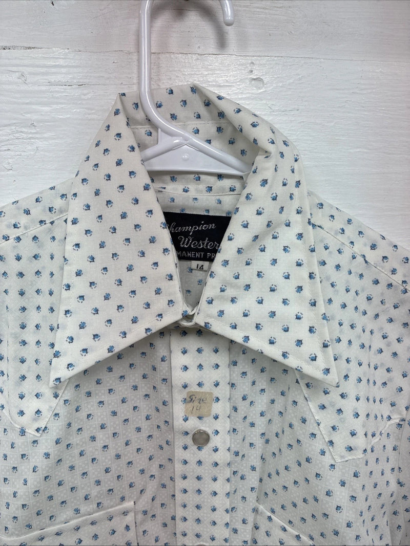 New Men’s Champion Western White Floral Short Sleeve Pearl Snap 14 Small AA-96