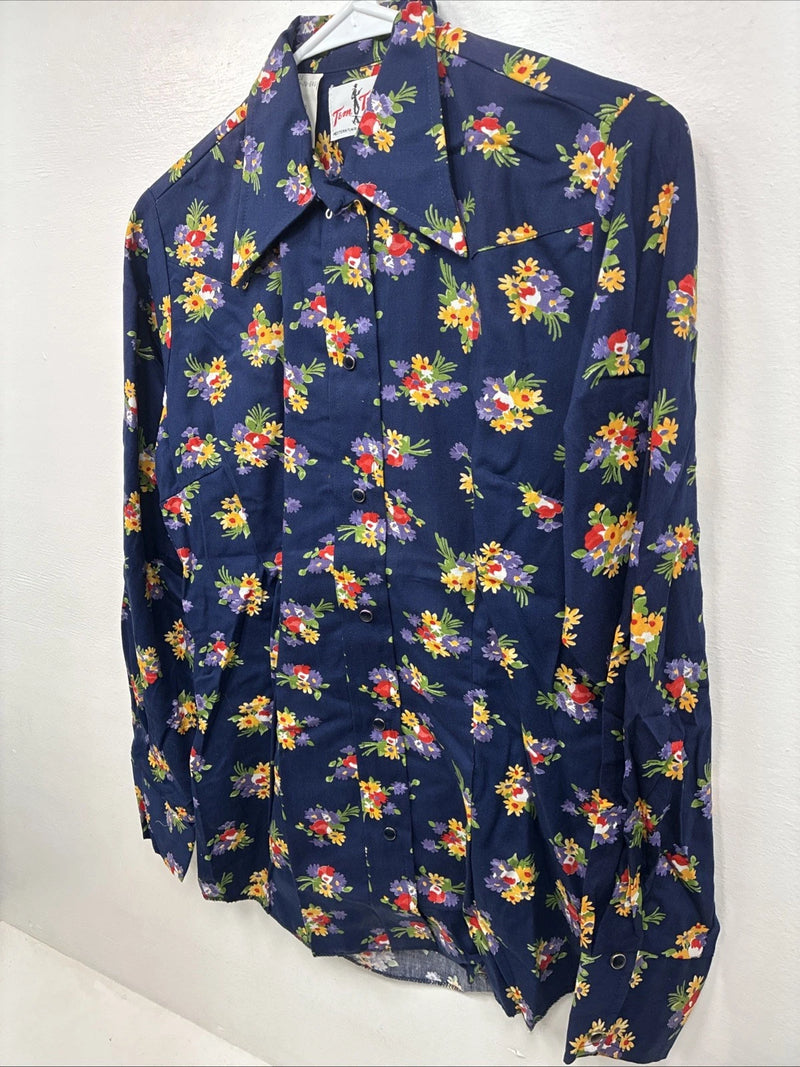 New Women’s Tem Tex Blue Floral Long Sleeve Pearl Snap Size 36 LL-17