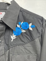 New Men’s ELY Diamond Black Blue Rose Design Long Sleeve Pearl Snap Medium K-35