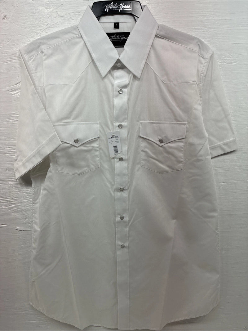 New Men’s White Horse Western White Short Sleeve Pearl Snap Large V-38