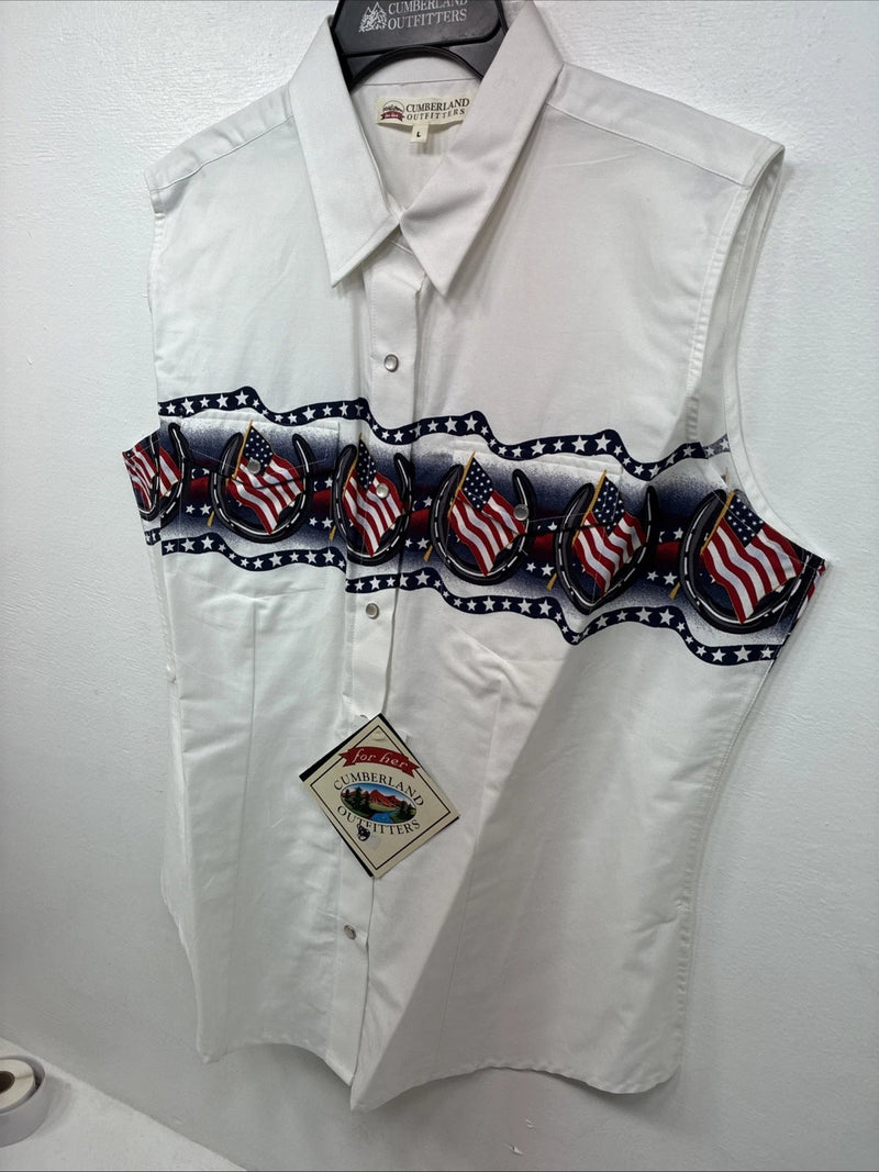 New Women’s Cumberland White Flag Design Short Sleeve Pearl Snap Large II-67