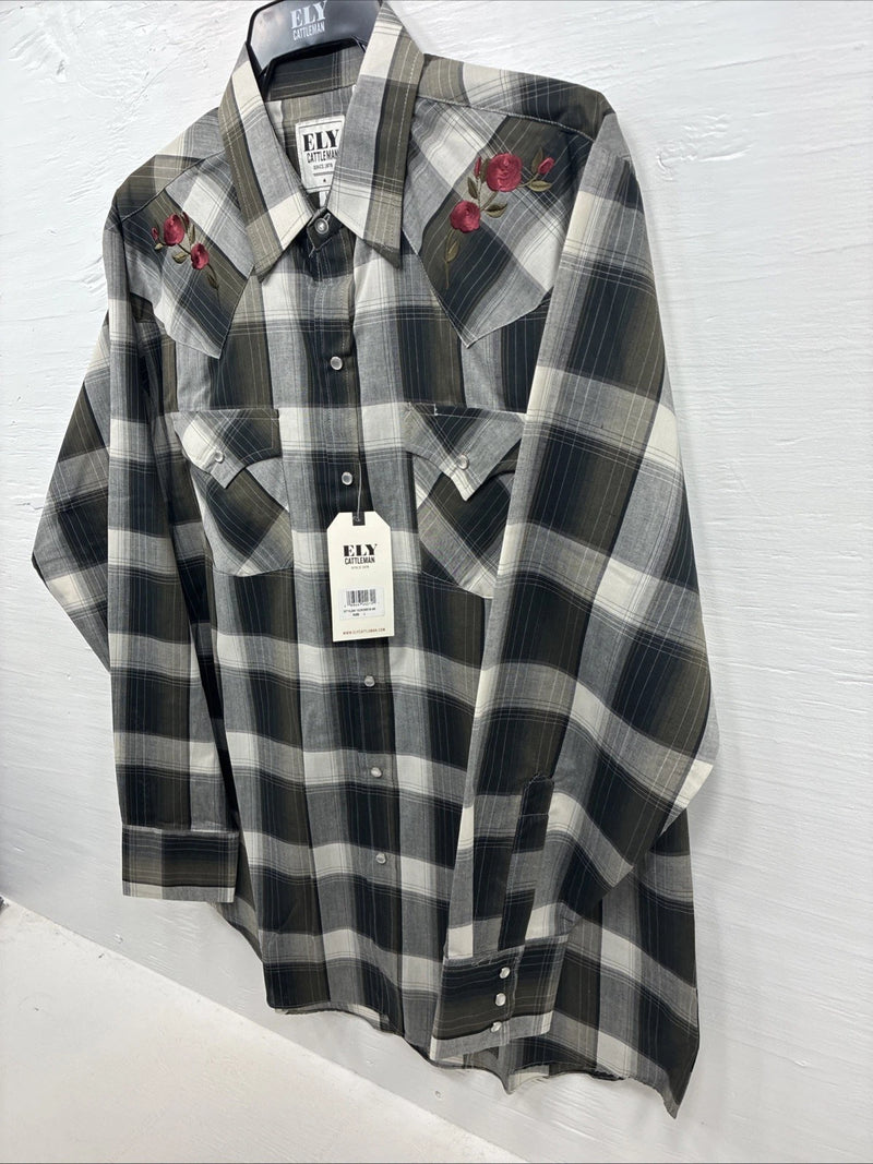 New Men’s ELY Cattleman Green Rose Plaid Long Sleeve Pearl Snap Large X-72