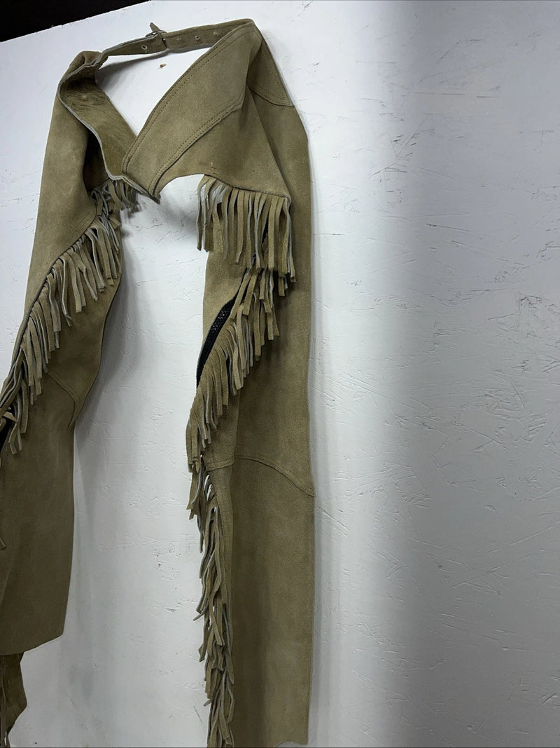 NOS Tan Equi-grip Show Chaps XL With Fringe Adjustable Waist 33” I-77