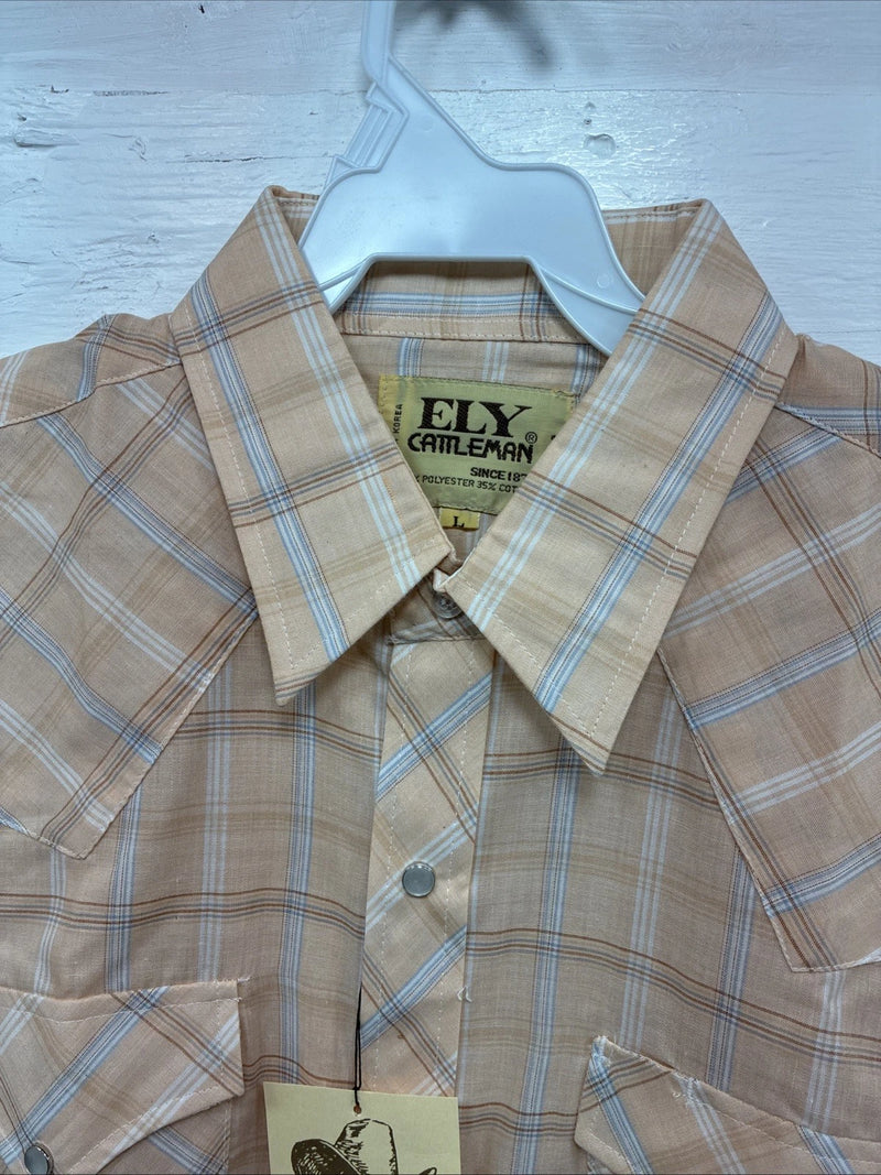 New Men’s ELY Cattleman Coral Plaid Short Sleeve Pearl Snap Large J-79