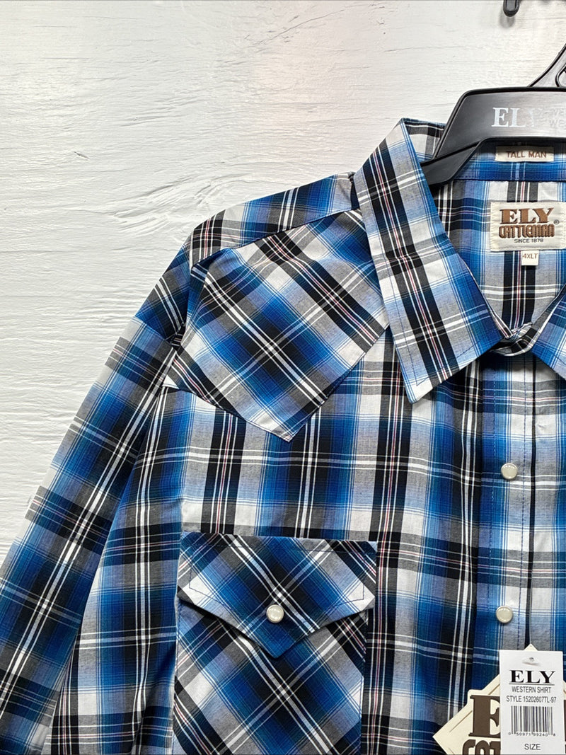 New Men’s ELY Cattleman Blue Western Flannel Short Sleeve Pearl Snap 4XL E-73