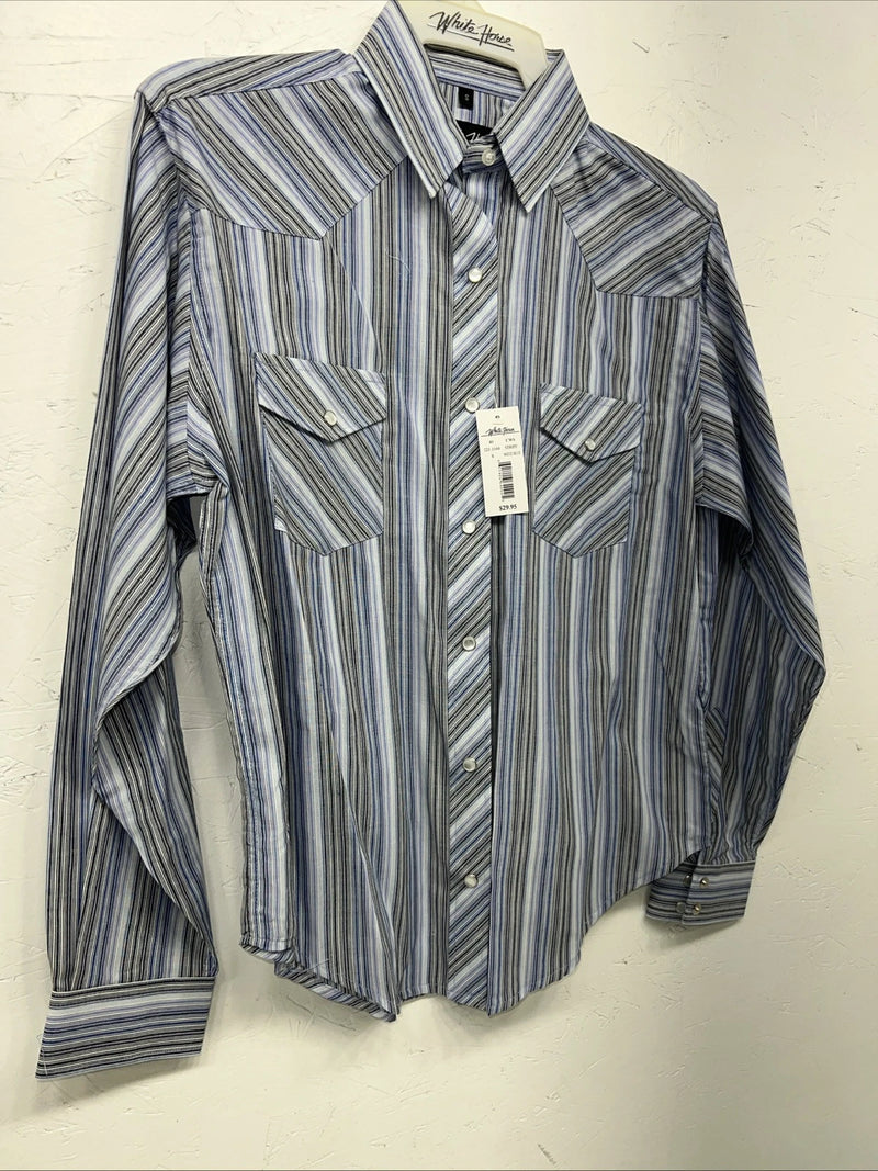 New Men’s White horse Blue Long Sleeve Pearl Snap Small A-193