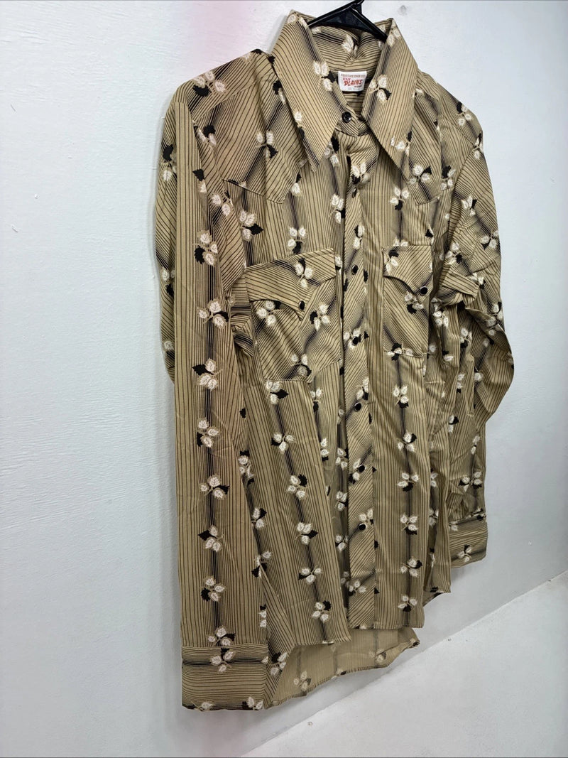 New Men’s ELY Plains Tan Black Floral Long Sleeve Pearl Snap 15.5 Large LL-91