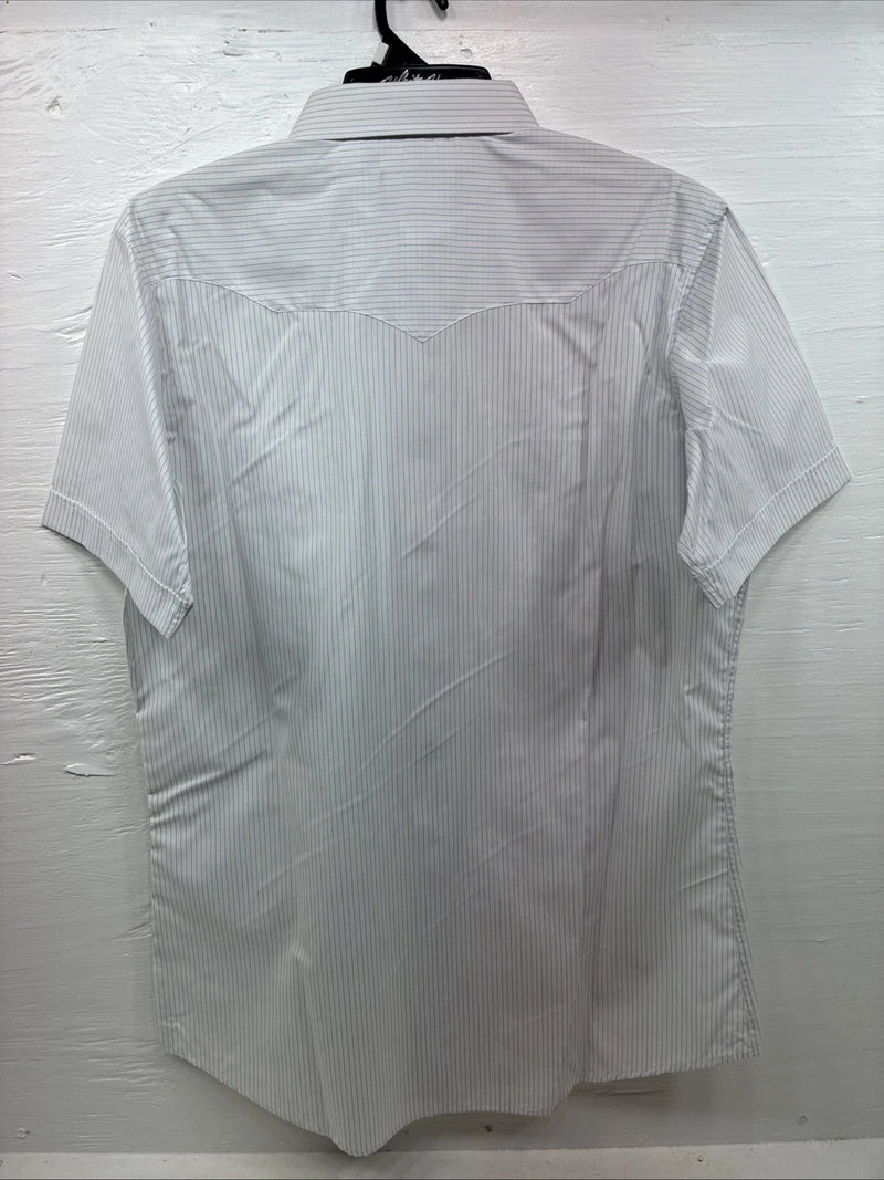New Men’s White Horse White Stripe Short Sleeve Pearl Snap Large X-41