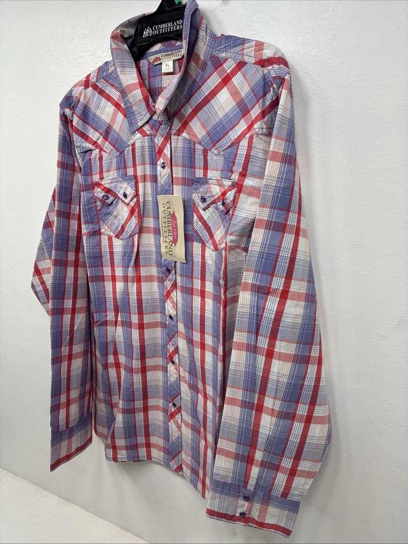 New Women’s Cumberland Pink Purple Plaid Long Sleeve Pearl Snap XL GG-60