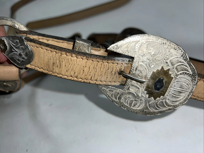 Used Light Oil Genuine Leather Show Halter With Lead Rope Silver Accents W-23